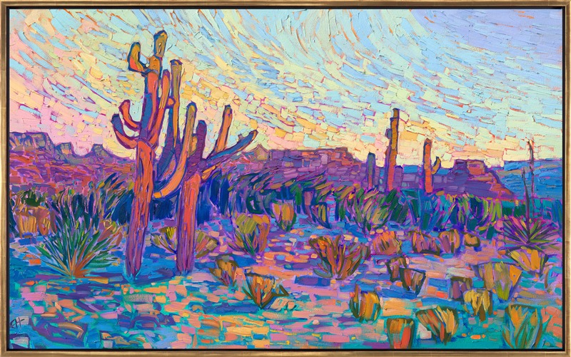 This painting of Arizona saguaros celebrates the vibrant colors of the southwest. The thick, impressionistic brush strokes create a mosaic of color and texture across the canvas, pulling your eye through the painting so that you become immersed in imagination.</p><p><b>Did you know…?</b></p><p>* The average saguaro has a lifespan of 150 to 175 years. Biologists believe that some may live for over 200 years.</p><p>* Because of their slow growth, a saguaro often takes 50 to 70 years to grow their first arms. By the time they are 100, they typically have several arms.</p><p>* The oldest recorded saguaro grew over 40 feet tall and had 52 arms.<br/>_____ </p><p>This painting was exhibited at <i>Erin Hanson: Landscapes of the West </i> solo museum exhibition at the Sears Art Museum in St. George, Utah.