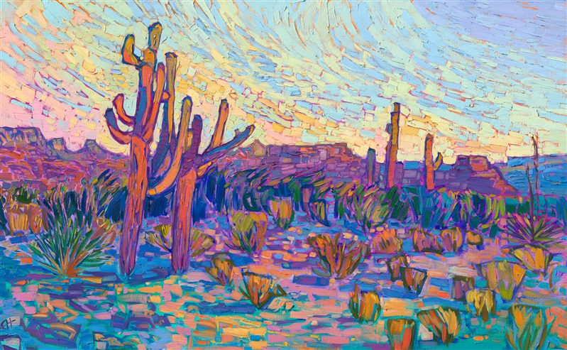 This painting of Arizona saguaros celebrates the vibrant colors of the southwest. The thick, impressionistic brush strokes create a mosaic of color and texture across the canvas, pulling your eye through the painting so that you become immersed in imagination.

<b>Did you know…?</b>

* The average saguaro has a lifespan of 150 to 175 years. Biologists believe that some may live for over 200 years.

* Because of their slow growth, a saguaro often takes 50 to 70 years to grow their first arms. By the time they are 100, they typically have several arms.

* The oldest recorded saguaro grew over 40 feet tall and had 52 arms.
_____ 

This painting was exhibited at <i>Erin Hanson: Landscapes of the West </i> solo museum exhibition at the Sears Art Museum in St. George, Utah.