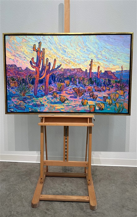 This painting of Arizona saguaros celebrates the vibrant colors of the southwest. The thick, impressionistic brush strokes create a mosaic of color and texture across the canvas, pulling your eye through the painting so that you become immersed in imagination.</p><p>"Saguaro Hues" is an original oil painting created on gallery-depth canvas. The piece arrives framed in a contemporary gold floater frame, ready to hang. </p><p>_____ </p><p><b>Did you know…?</b></p><p>* The average saguaro has a lifespan of 150 to 175 years. Biologists believe that some may live for over 200 years.<br/>* Because of their slow growth, a saguaro often takes 50 to 70 years to grow their first arms. By the time they are 100, they typically have several arms.<br/>* The oldest recorded saguaro grew over 40 feet tall and had 52 arms.
