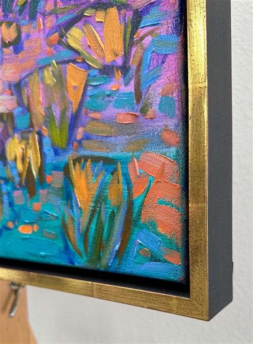 This painting of Arizona saguaros celebrates the vibrant colors of the southwest. The thick, impressionistic brush strokes create a mosaic of color and texture across the canvas, pulling your eye through the painting so that you become immersed in imagination.</p><p>"Saguaro Hues" is an original oil painting created on gallery-depth canvas. The piece arrives framed in a contemporary gold floater frame, ready to hang. </p><p>_____ </p><p><b>Did you know…?</b></p><p>* The average saguaro has a lifespan of 150 to 175 years. Biologists believe that some may live for over 200 years.<br/>* Because of their slow growth, a saguaro often takes 50 to 70 years to grow their first arms. By the time they are 100, they typically have several arms.<br/>* The oldest recorded saguaro grew over 40 feet tall and had 52 arms.