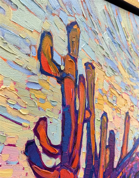 This painting of Arizona saguaros celebrates the vibrant colors of the southwest. The thick, impressionistic brush strokes create a mosaic of color and texture across the canvas, pulling your eye through the painting so that you become immersed in imagination.</p><p><b>Did you know…?</b></p><p>* The average saguaro has a lifespan of 150 to 175 years. Biologists believe that some may live for over 200 years.</p><p>* Because of their slow growth, a saguaro often takes 50 to 70 years to grow their first arms. By the time they are 100, they typically have several arms.</p><p>* The oldest recorded saguaro grew over 40 feet tall and had 52 arms.<br/>_____ </p><p>This painting was exhibited at <i>Erin Hanson: Landscapes of the West </i> solo museum exhibition at the Sears Art Museum in St. George, Utah.
