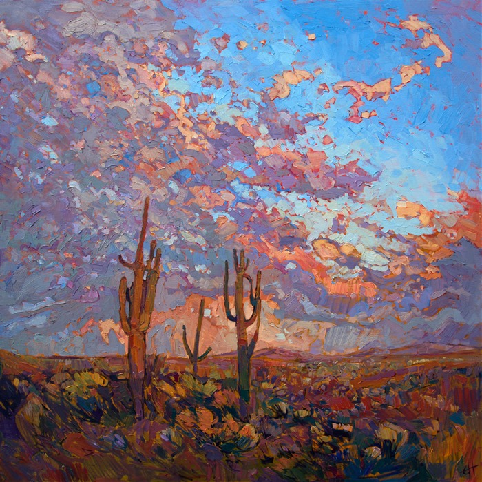Dramatic light streaks down from this skyscape onto a waiting desert.  The Saguaros stand tall against the backdrop of clouds.  Each brush stroke is alive with motion and color, filling the canvas with a mosaic of texture.

This painting was created on a gallery-depth canvas with the painting continued around the edges. The painting will arrive in a beautiful hardwood floater frame, ready to hang.

Exhibited: St George Art Museum, Utah, in a solo exhibition celebrating the National Park's centennial: <i><a href="https://www.erinhanson.com/Event/ErinHansonMuseumShow2016" target="_blank">Erin Hanson's Painted Parks</a></i>, 2016.