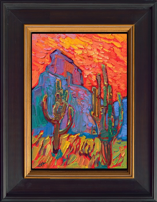 My annual petite show is my favorite show to paint. I love the freedom of painting small works and the challenge of capturing a wide, expansive landscape with just a few simple brush strokes. This petite painting of Arizona captures the majestic saguaro with bold, impressionistic color.</p><p>"Saguaro Peak" is an original oil painting on linen board. This piece arrives framed in a custom-made plein air frame (mock floater style, so the edges are uncovered). This painting will be displayed at The Erin Hanson Gallery in McMinnville as part of her annual Petite Show.