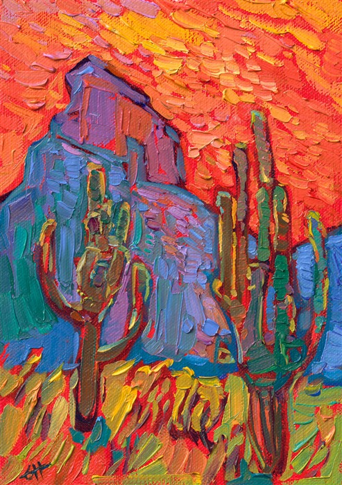 My annual petite show is my favorite show to paint. I love the freedom of painting small works and the challenge of capturing a wide, expansive landscape with just a few simple brush strokes. This petite painting of Arizona captures the majestic saguaro with bold, impressionistic color.</p><p>"Saguaro Peak" is an original oil painting on linen board. This piece arrives framed in a custom-made plein air frame (mock floater style, so the edges are uncovered). This painting will be displayed at The Erin Hanson Gallery in McMinnville as part of her annual Petite Show.