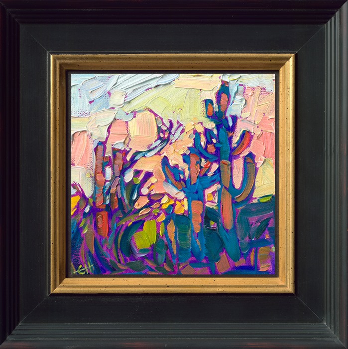 The saguaro cactus glows with sunset colors in this small oil painting. The piece is inspired by the landscape near Scottsdale, Arizona. Each brush stroke adds an expressive piece of color to the composition.</p><p>"Saguaro Petite" is an original oil painting on linen board. The piece arrives framed in a plein air frame, ready to hang.