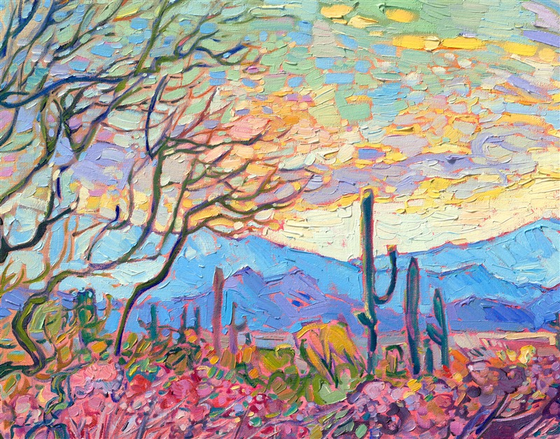 Saguaro National Park is one of my favorite places to visit in Arizona. The towering cacti, blooming scrub, and ocotillo are so beautiful in the early morning light. This painting captures my love for the desert with thick, impressionsitic brushstrokes of oil paint that create a mosaic of texture and light across the canvas. In my Open Impressionist technique, I try not to overlap my brushstrokes, which keeps my paintings fresh and painterly.