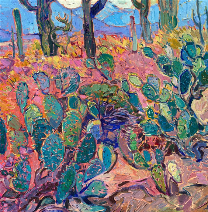 Saguaro National Park is one of my favorite places to visit in Arizona. The towering cacti, blooming scrub, and ocotillo are so beautiful in the early morning light. This painting captures my love for the desert with thick, impressionsitic brushstrokes of oil paint that create a mosaic of texture and light across the canvas. In my Open Impressionist technique, I try not to overlap my brushstrokes, which keeps my paintings fresh and painterly.