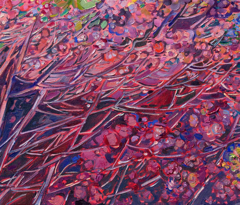 Saguaro National Park is one of my favorite places to visit in Arizona. The towering cacti, blooming scrub, and ocotillo are so beautiful in the early morning light. This painting captures my love for the desert with thick, impressionsitic brushstrokes of oil paint that create a mosaic of texture and light across the canvas. In my Open Impressionist technique, I try not to overlap my brushstrokes, which keeps my paintings fresh and painterly.