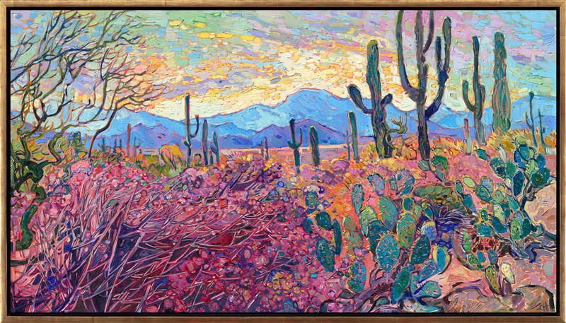 Saguaro National Park is one of my favorite places to visit in Arizona. The towering cacti, blooming scrub, and ocotillo are so beautiful in the early morning light. This painting captures my love for the desert with thick, impressionsitic brushstrokes of oil paint that create a mosaic of texture and light across the canvas. In my Open Impressionist technique, I try not to overlap my brushstrokes, which keeps my paintings fresh and painterly.