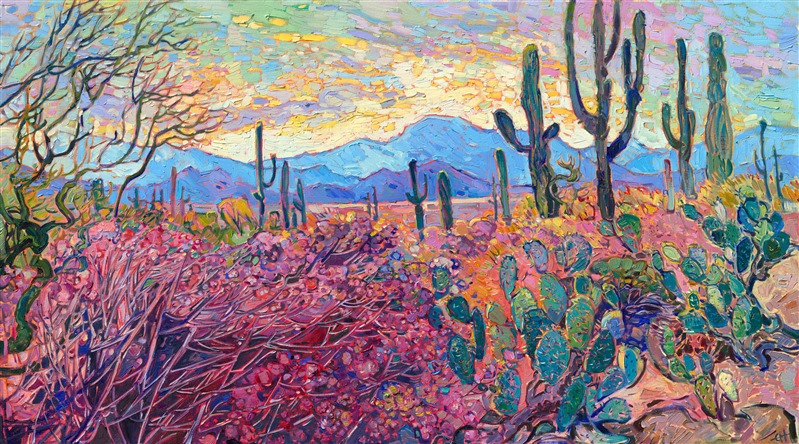Saguaro National Park is one of my favorite places to visit in Arizona. The towering cacti, blooming scrub, and ocotillo are so beautiful in the early morning light. This painting captures my love for the desert with thick, impressionsitic brushstrokes of oil paint that create a mosaic of texture and light across the canvas. In my Open Impressionist technique, I try not to overlap my brushstrokes, which keeps my paintings fresh and painterly.