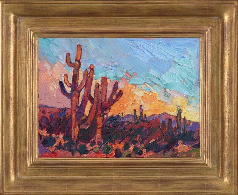 This painting of Arizona focuses on the beautiful abstract shapes of the Saguaro cactus.  I love the way these cacti turn color in the sunset light, reflecting back the warm sherbet glow from their waxy skin.  The brush strokes in this piece are loose and impressionistic, focusing on the movement and light of the outdoors.</p><p>This painting was done on 1/8" canvas, and it arrives framed and ready to hang.