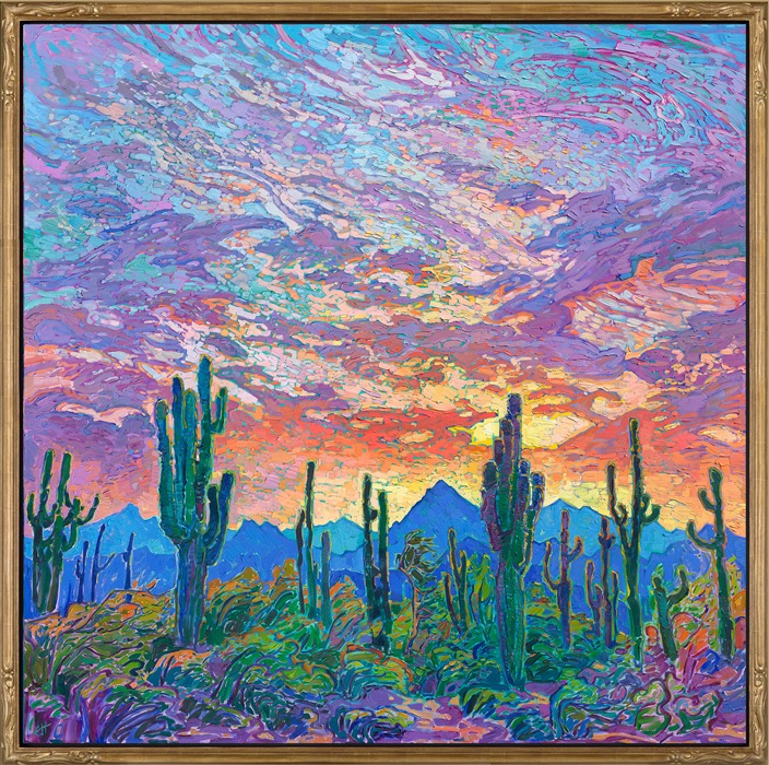 What is the first thing to come to mind when I think of the southwest? Saguaros and sunsets. This classic painting captures everything I love about Arizona and the stark beauty of the desert. Thick, impressionistic brush strokes communicate the movement and vibrant color of the scene. </p><p>"Saguaro Sky" is a large oil painting created on stretched canvas. The piece arrives framed in a hand-carved and gilded "<a href="https://www.erinhanson.com/Blog?p=aboutframes" target="_blank">Open Impressionism</a>" floater frame.