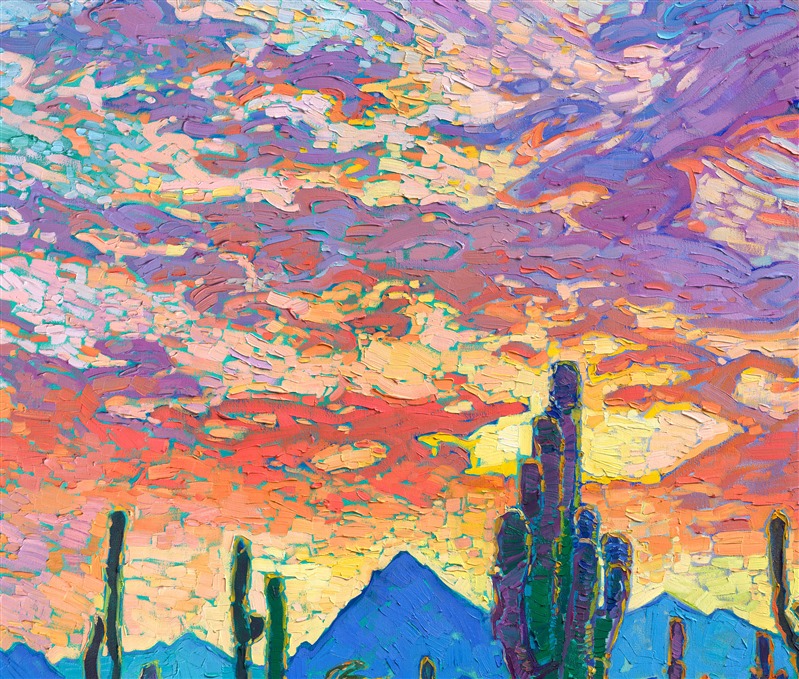 What is the first thing to come to mind when I think of the southwest? Saguaros and sunsets. This classic painting captures everything I love about Arizona and the stark beauty of the desert. Thick, impressionistic brush strokes communicate the movement and vibrant color of the scene. </p><p>"Saguaro Sky" is a large oil painting created on stretched canvas. The piece arrives framed in a hand-carved and gilded "<a href="https://www.erinhanson.com/Blog?p=aboutframes" target="_blank">Open Impressionism</a>" floater frame.