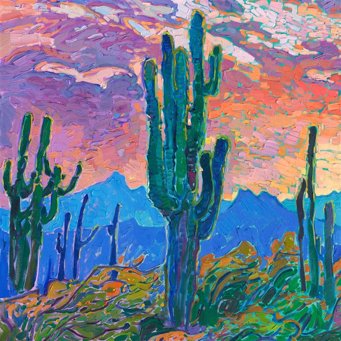 What is the first thing to come to mind when I think of the southwest? Saguaros and sunsets. This classic painting captures everything I love about Arizona and the stark beauty of the desert. Thick, impressionistic brush strokes communicate the movement and vibrant color of the scene. </p><p>"Saguaro Sky" is a large oil painting created on stretched canvas. The piece arrives framed in a hand-carved and gilded "<a href="https://www.erinhanson.com/Blog?p=aboutframes" target="_blank">Open Impressionism</a>" floater frame.