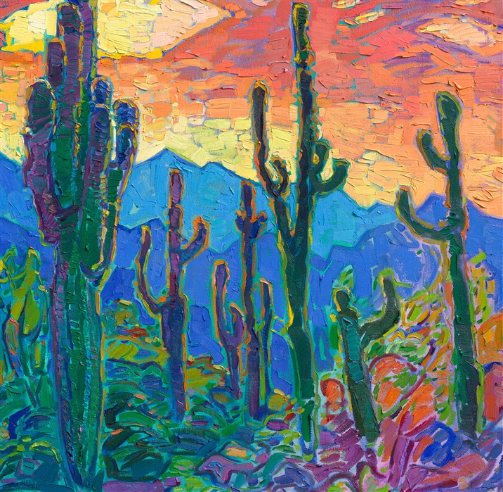 What is the first thing to come to mind when I think of the southwest? Saguaros and sunsets. This classic painting captures everything I love about Arizona and the stark beauty of the desert. Thick, impressionistic brush strokes communicate the movement and vibrant color of the scene. </p><p>"Saguaro Sky" is a large oil painting created on stretched canvas. The piece arrives framed in a hand-carved and gilded "<a href="https://www.erinhanson.com/Blog?p=aboutframes" target="_blank">Open Impressionism</a>" floater frame.