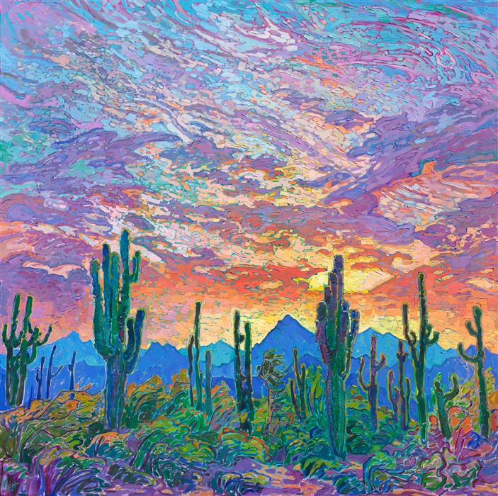 What is the first thing to come to mind when I think of the southwest? Saguaros and sunsets. This classic painting captures everything I love about Arizona and the stark beauty of the desert. Thick, impressionistic brush strokes communicate the movement and vibrant color of the scene. </p><p>"Saguaro Sky" is a large oil painting created on stretched canvas. The piece arrives framed in a hand-carved and gilded "<a href="https://www.erinhanson.com/Blog?p=aboutframes" target="_blank">Open Impressionism</a>" floater frame.