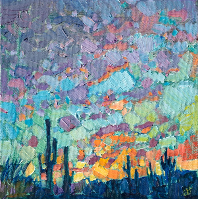 This petite painting of Arizona somehow manages to capture the wide expanse of the open desert onto 6 inches of canvas.  The minute brush strokes are alive with texture and color.</p><p>These petite works are part of the 12 Days of Christmas Collection, which are being released one painting per day, starting on December 5th. Each 6x6 painting is beautifully framed in a classic floater frame, which allows you to enjoy the brush strokes all the way to the edge of the canvas.