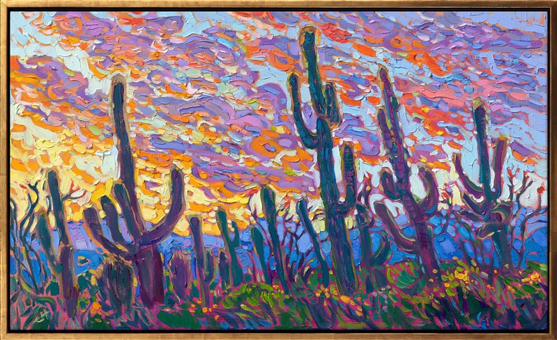 A vibrant sunset filled with hues of orange and violet light the sky in this southwestern painting of Arizona. Thick brushstrokes of oil paint capture the movement and vivacity of the scene.</p><p>"Saguaro Sunset II" is an original oil painting on stretched canvas. The piece arrives framed in a custom-made, gold floater frame.</p><p>This piece will be displayed in Erin Hanson's annual <i><a href="https://www.erinhanson.com/Event/petiteshow2023">Petite Show</i></a> in McMinnville, Oregon. This painting is available for purchase now, and the piece will ship after the show on November 11, 2023.