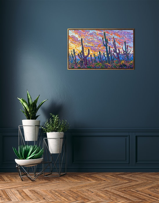 A vibrant sunset filled with hues of orange and violet light the sky in this southwestern painting of Arizona. Thick brushstrokes of oil paint capture the movement and vivacity of the scene.</p><p>"Saguaro Sunset II" is an original oil painting on stretched canvas. The piece arrives framed in a custom-made, gold floater frame.</p><p>This piece will be displayed in Erin Hanson's annual <i><a href="https://www.erinhanson.com/Event/petiteshow2023">Petite Show</i></a> in McMinnville, Oregon. This painting is available for purchase now, and the piece will ship after the show on November 11, 2023.