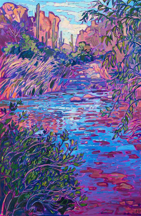 Finding saguaros growing next to running water is a rare sight in Arizona. This painting captures a view from Salt Creek, east of Scottsdale. Cool blues contrast with the warm desert light of late afternoon.</p><p>"Saguaro Waters" is an original oil painting created on stretched canvas. The piece arrives framed and ready to hang.