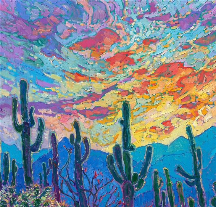 This painting celebrates the beauty of Arizona's saguaro cacti. Their tall, abstract shapes are framed by desert mountains that turn ultramarine blue as dusk approaches. Ocotillo, yellow brittlebrush, and jumping cholla complete the foreground. Thick strokes of oil paint seem to jump from the canvas, and you can experience every painterly stroke as they draw you into the painting.</p><p>This painting was exhibited at <i>Erin Hanson: Landscapes of the West </i> solo museum exhibition at the Sears Art Museum in St. George, Utah.