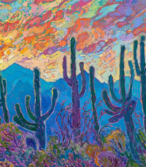 This painting celebrates the beauty of Arizona's saguaro cacti. Their tall, abstract shapes are framed by desert mountains that turn ultramarine blue as dusk approaches. Ocotillo, yellow brittlebrush, and jumping cholla complete the foreground. Thick strokes of oil paint seem to jump from the canvas, and you can experience every painterly stroke as they draw you into the painting.</p><p>This painting was exhibited at <i>Erin Hanson: Landscapes of the West </i> solo museum exhibition at the Sears Art Museum in St. George, Utah.