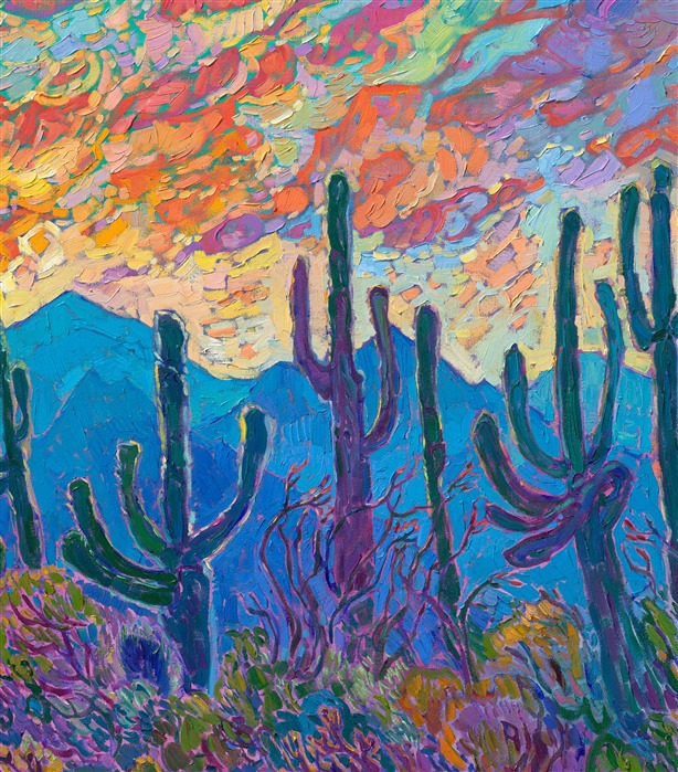 This painting celebrates the beauty of Arizona's saguaro cacti. Their tall, abstract shapes are framed by desert mountains that turn ultramarine blue as dusk approaches. Ocotillo, yellow brittlebrush, and jumping cholla complete the foreground. Thick strokes of oil paint seem to jump from the canvas, and you can experience every painterly stroke as they draw you into the painting.</p><p>"<b>Note:<br/>"Saguaro at Sunset" is available for pre-purchase and will be included in the <i><a href="https://www.erinhanson.com/Event/SearsArtMuseum" target="_blank">Erin Hanson: Landscapes of the West</a> </i>solo museum exhibition at the Sears Art Museum in St. George, Utah. This museum exhibition, located at the gateway to Zion National Park, will showcase Erin Hanson's largest collection of Western landscape paintings, including paintings of Zion, Bryce, Arches, Cedar Breaks, Arizona, and other Western inspirations. The show will be displayed from June 7 to August 23, 2024.</p><p>You may purchase this painting online, but the artwork will not ship after the exhibition closes on August 23, 2024.</b><br/><p><br/>