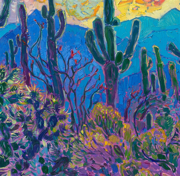 This painting celebrates the beauty of Arizona's saguaro cacti. Their tall, abstract shapes are framed by desert mountains that turn ultramarine blue as dusk approaches. Ocotillo, yellow brittlebrush, and jumping cholla complete the foreground. Thick strokes of oil paint seem to jump from the canvas, and you can experience every painterly stroke as they draw you into the painting.</p><p>This painting was exhibited at <i>Erin Hanson: Landscapes of the West </i> solo museum exhibition at the Sears Art Museum in St. George, Utah.