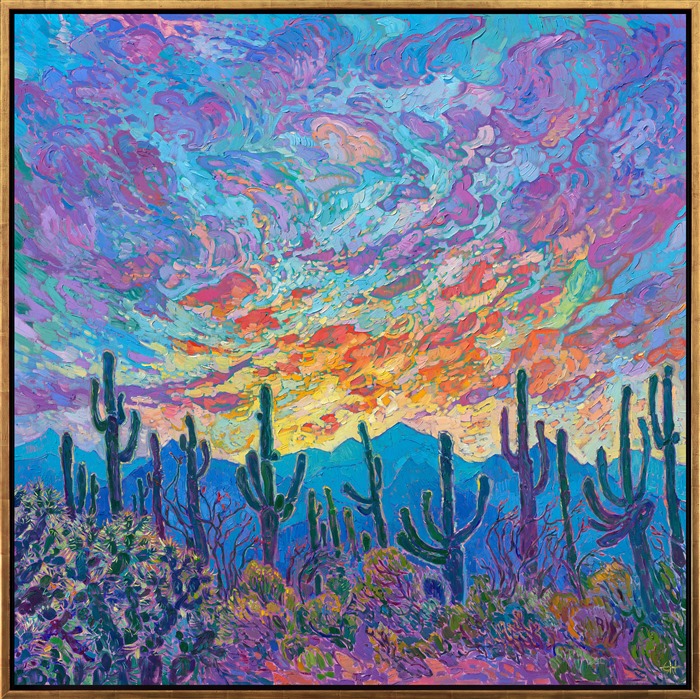 This painting celebrates the beauty of Arizona's saguaro cacti. Their tall, abstract shapes are framed by desert mountains that turn ultramarine blue as dusk approaches. Ocotillo, yellow brittlebrush, and jumping cholla complete the foreground. Thick strokes of oil paint seem to jump from the canvas, and you can experience every painterly stroke as they draw you into the painting.</p><p>This painting was exhibited at <i>Erin Hanson: Landscapes of the West </i> solo museum exhibition at the Sears Art Museum in St. George, Utah.