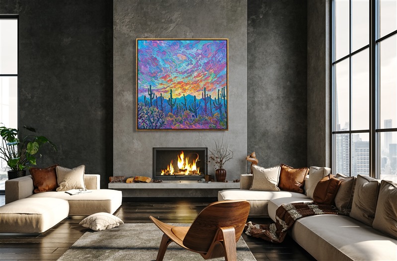 This painting celebrates the beauty of Arizona's saguaro cacti. Their tall, abstract shapes are framed by desert mountains that turn ultramarine blue as dusk approaches. Ocotillo, yellow brittlebrush, and jumping cholla complete the foreground. Thick strokes of oil paint seem to jump from the canvas, and you can experience every painterly stroke as they draw you into the painting.</p><p>This painting was exhibited at <i>Erin Hanson: Landscapes of the West </i> solo museum exhibition at the Sears Art Museum in St. George, Utah.