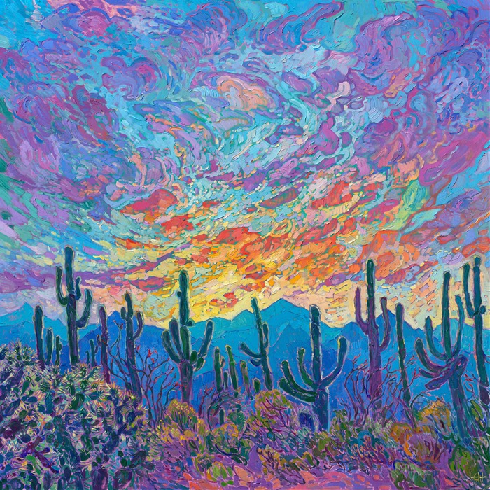 This painting celebrates the beauty of Arizona's saguaro cacti. Their tall, abstract shapes are framed by desert mountains that turn ultramarine blue as dusk approaches. Ocotillo, yellow brittlebrush, and jumping cholla complete the foreground. Thick strokes of oil paint seem to jump from the canvas, and you can experience every painterly stroke as they draw you into the painting.

This painting was exhibited at <i>Erin Hanson: Landscapes of the West </i> solo museum exhibition at the Sears Art Museum in St. George, Utah.