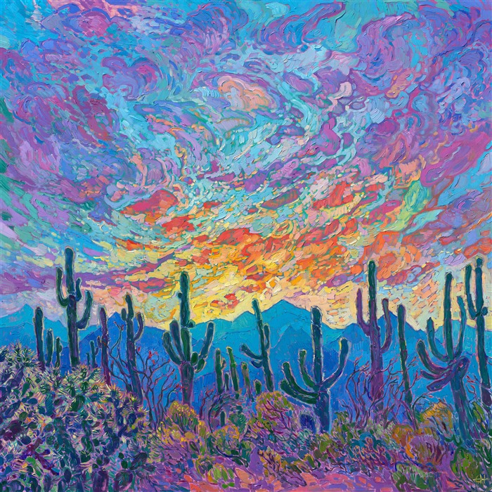 This painting celebrates the beauty of Arizona's saguaro cacti. Their tall, abstract shapes are framed by desert mountains that turn ultramarine blue as dusk approaches. Ocotillo, yellow brittlebrush, and jumping cholla complete the foreground. Thick strokes of oil paint seem to jump from the canvas, and you can experience every painterly stroke as they draw you into the painting.</p><p>"<b>Note:<br/>"Saguaro at Sunset" is available for pre-purchase and will be included in the <i><a href="https://www.erinhanson.com/Event/SearsArtMuseum" target="_blank">Erin Hanson: Landscapes of the West</a> </i>solo museum exhibition at the Sears Art Museum in St. George, Utah. This museum exhibition, located at the gateway to Zion National Park, will showcase Erin Hanson's largest collection of Western landscape paintings, including paintings of Zion, Bryce, Arches, Cedar Breaks, Arizona, and other Western inspirations. The show will be displayed from June 7 to August 23, 2024.</p><p>You may purchase this painting online, but the artwork will not ship after the exhibition closes on August 23, 2024.</b><br/><p><br/>