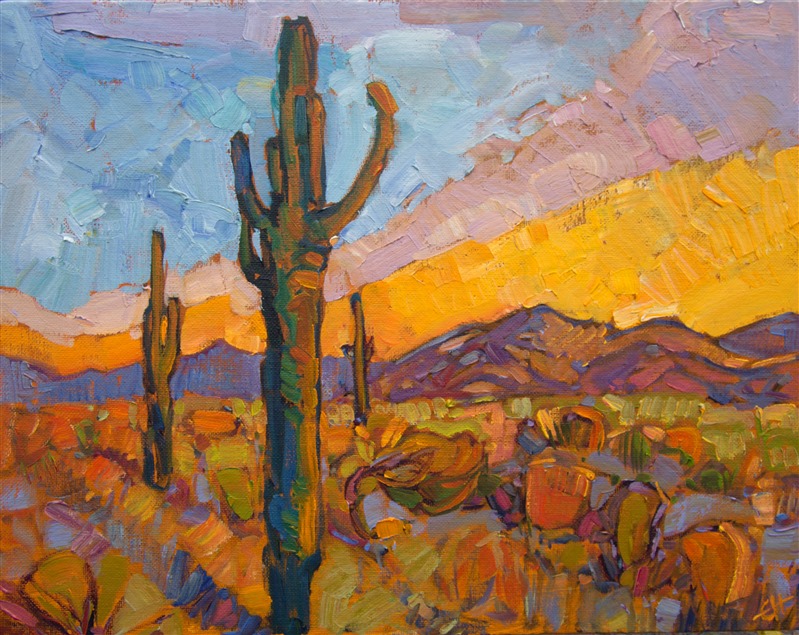 These magnificent desert plants dominate the desert landscape of Arizona's high desert.  This small oil painting on board captures the beauty of the Saguaro in just a few brush strokes.