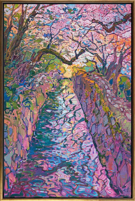 The Philosopher's Path in Kyoto, Japan, is a winding path of stepping stones next to a cobblestone-lined streambed. This painting captures the beauty of cherry blossoms ("sakura" in Japanese) with thick, impressionistic brushstrokes and expressive color.
