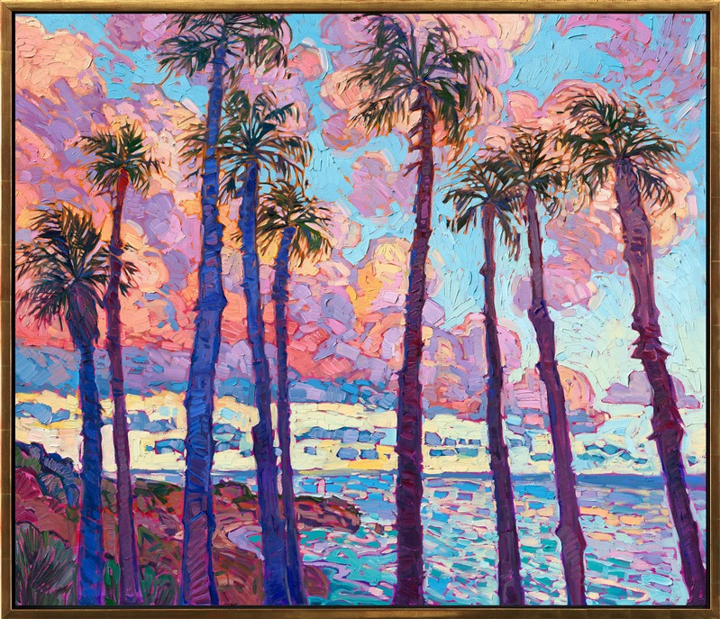 San Diego palm trees dance in front of a brilliant pink and lavender sunset, celebrating the beautiful hues of southern California's coastline. The impressionistic brush strokes are loose and painterly, capturing the movement and transient color of the scene.</p><p>"San Diego Palms" was created on 1-1/2" canvas, with the painting continued around the edges. The piece arrives framed in a contemporary gold floater frame, finished in burnished 23kt gold leaf.