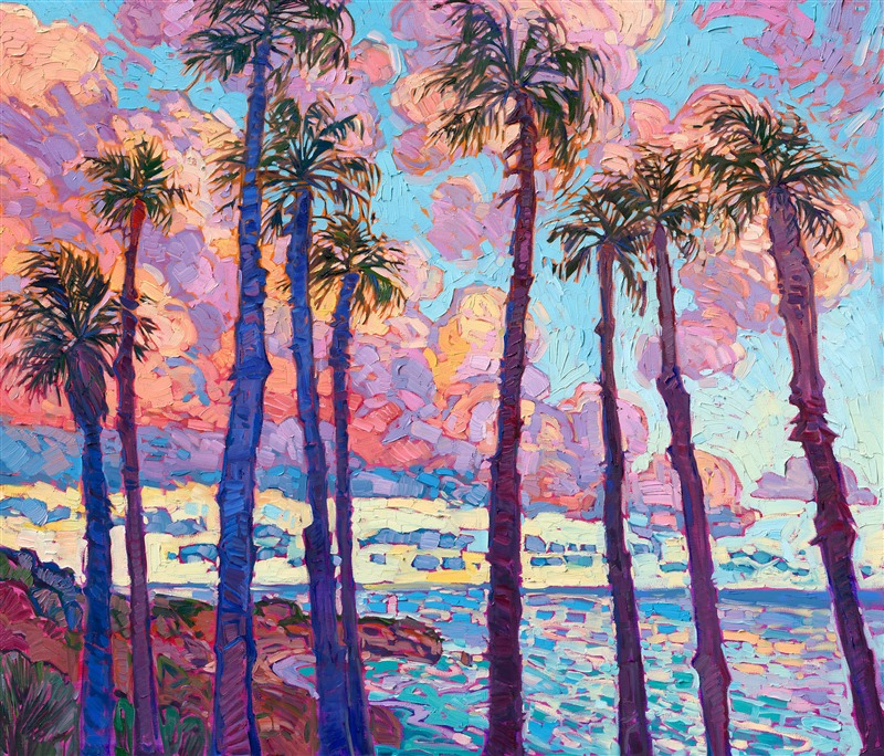 San Diego palm trees dance in front of a brilliant pink and lavender sunset, celebrating the beautiful hues of southern California's coastline. The impressionistic brush strokes are loose and painterly, capturing the movement and transient color of the scene.</p><p>"San Diego Palms" was created on 1-1/2" canvas, with the painting continued around the edges. The piece arrives framed in a contemporary gold floater frame, finished in burnished 23kt gold leaf.