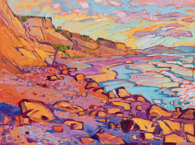 This painting of Black's Beach in San Diego captures the warm colors of sunset with broad, painterly brushstrokes. The impasto oil paint leaps from the canvas, adding dimension to the painting.</p><p>"San Diego Shores" was created on fine linen board. The piece arrives framed in a hand-carved and gilded plein air frame.