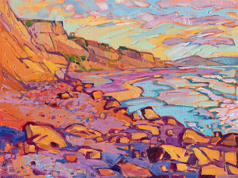 This painting of Black's Beach in San Diego captures the warm colors of sunset with broad, painterly brushstrokes. The impasto oil paint leaps from the canvas, adding dimension to the painting.

"San Diego Shores" was created on fine linen board. The piece arrives framed in a hand-carved and gilded plein air frame.
