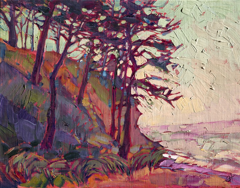 Colors of sangria blend together in this coastal painting.  Tall cypress trees gather along the banks, filtering the early morning fog through their branches.</p><p>This small oil painting arrives framed and ready to hang.