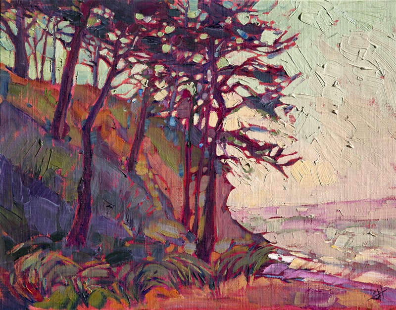 Colors of sangria blend together in this coastal painting.  Tall cypress trees gather along the banks, filtering the early morning fog through their branches.

This small oil painting arrives framed and ready to hang.