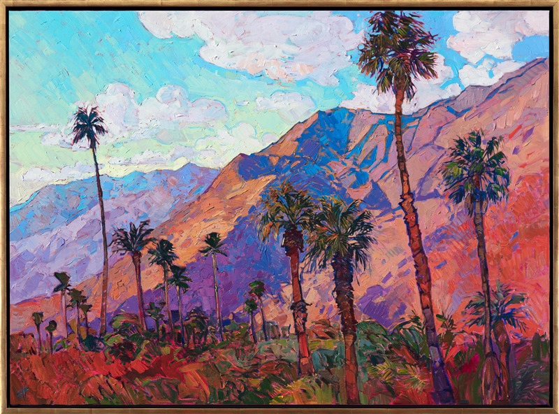 La Quinta, California, is captured in vivid color and luscious brush strokes that bring to life the beauty of early morning in the high desert. The deep shadows of the Santa Rosa Mountains are portrayed in edible colors of purple and blue.</p><p>This painting was done on 1-1/2" canvas, with the painting continued around the sides of the canvas.  The piece arrives framed and ready to hang.