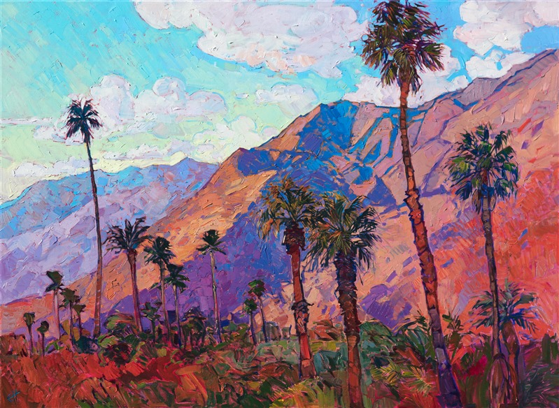 La Quinta, California, is captured in vivid color and luscious brush strokes that bring to life the beauty of early morning in the high desert. The deep shadows of the Santa Rosa Mountains are portrayed in edible colors of purple and blue.</p><p>This painting was done on 1-1/2" canvas, with the painting continued around the sides of the canvas.  The piece arrives framed and ready to hang.