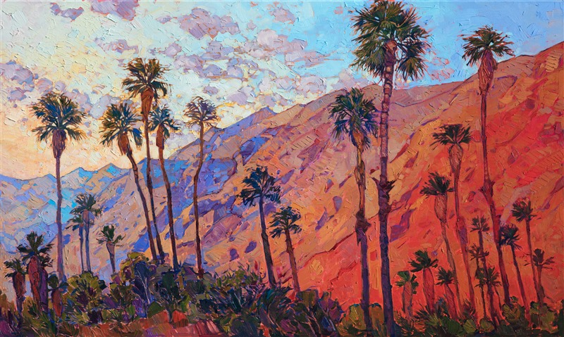 "Santa Rosa Embrace" is the original oil painting version of the 2018 La Quinta Arts Festival poster.  The La Quinta Arts Festival is the #1 rated arts festival in the United States, featuring top artists from across the US.  This painting was chosen to represent and commemorate the festival, and posters of it will be available for purchase at the La Quinta Arts Festival.</p><p>This painting captures a sunrise over the Santa Rosa Mountains, as seen from La Quinta. The beautiful desert colors of purple and orange glow brilliantly on the canvas. The painting has been framed in a 23kt gold leaf floater frame.<br/>This painting will be available for purchase at the La Quinta Arts Festival, beginning at 10am on Thursday, March 1st. For more details about the show, please <a href="https://www.erinhanson.com/Event/LaQuintaArtFestival2018">click here.</a>