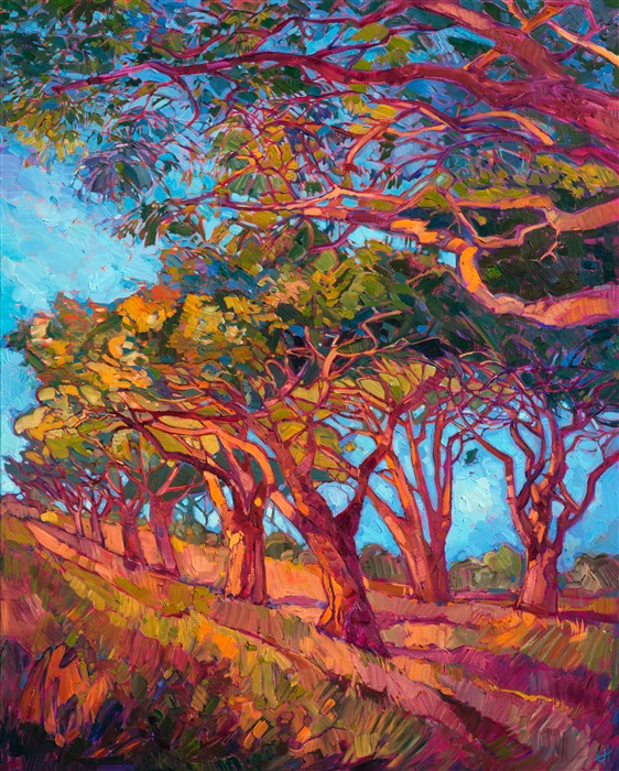 Scarlet light plays on these patriarchal trees, highlighting their natural beauty and color variations.  This dramatic piece can be paired with its sister painting, Scarlet Light, and hung as a diptych.  The sides of the painting are wrapped as a continuation of the oil painting.

Collection of The Allegretto Vineyard Resort, Paso Robles, CA. 2015.