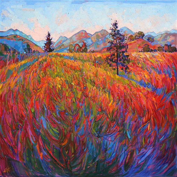 Scarlet and green lay against deep magenta and ultramarine shadows, brush strokes thickly applied, the painting popping with color and texture. San Luis Obispo county is stunning in early spring, the many grasses showing off their multitudinous colors.