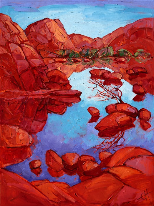 The cool touch of dawn over Barker Dam, Joshua Tree National Park, creates warm scarlet shadows by contrast. The lake is so still that there is not even a ripple on its surface, creating a flawless mirrored reflection in the desert oasis.</p><p>This painting was created on museum-depth canvas, with the painting continued around the edges of the stretched canvas. It arrives ready to hang without a frame. (Please contact the artist if you would like information on framing options for this painting.)