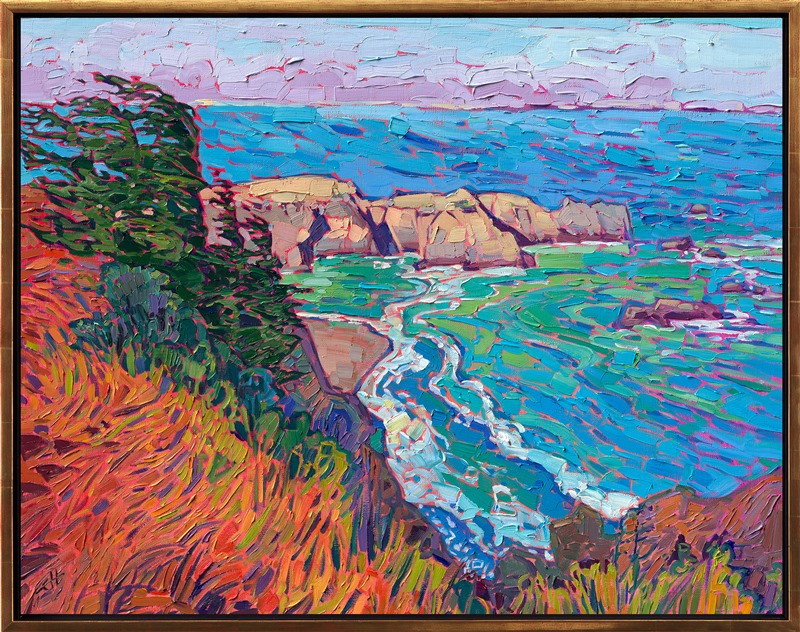 Curving waves of California shoreline are captured in the vivid hues of Mendocino. The chalky cliffs glow with morning color, while the crystal clear waters gleam with jewel tones of aquamarine.</p><p>"Sea Curves" was created on 1-1/2" stretched linen, with the painting continued around the edges. The piece arrives framed in a contemporary gold floating frame.