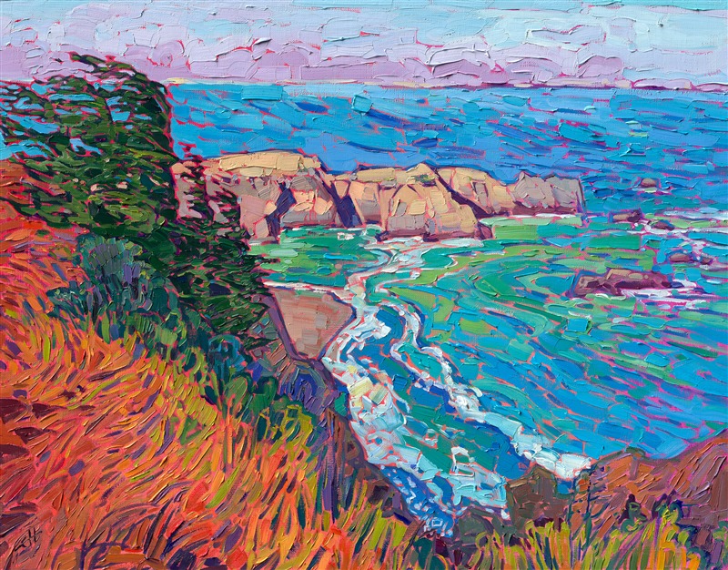 Curving waves of California shoreline are captured in the vivid hues of Mendocino. The chalky cliffs glow with morning color, while the crystal clear waters gleam with jewel tones of aquamarine.</p><p>"Sea Curves" was created on 1-1/2" stretched linen, with the painting continued around the edges. The piece arrives framed in a contemporary gold floating frame.