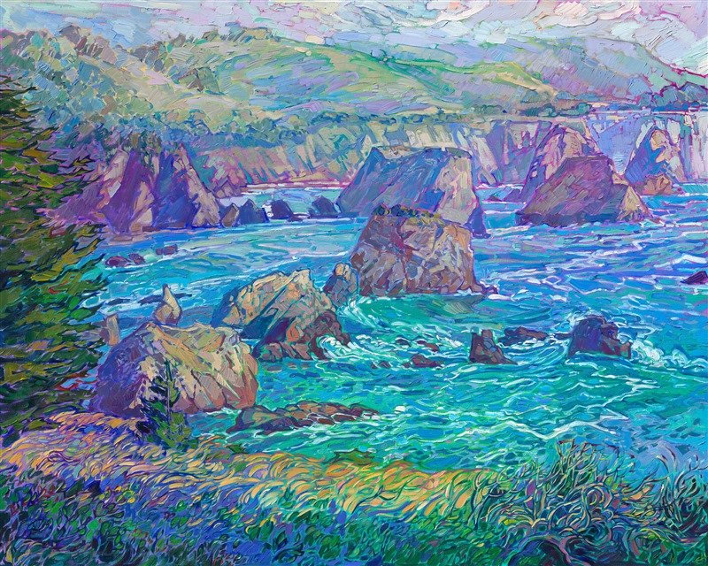 The famous sea stacks at Elk (just south of Mendocino, California) form one of the most beautiful coastlines in California. At sunset, the setting rays warm up the sea stacks with vibrant hues of orange and pale pink. This large painting of the California coast captures the grandeur of the scene and the movement of the sea.