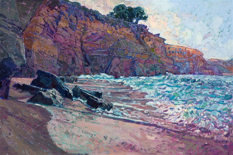 The rocky and colorful coastline of California is full of beautiful contrasts.  In this painting I wanted to capture the contrast of dark obsidian boulders against pale pink sand and luminescent blue water.  The stark shapes and purple shadows play against the motion of the sea.  Each impasto brush stroke is alive with color and texture.</p><p>This painting was done on 1-1/2" deep canvas with the painting continued around the edges for a finished look. The painting arrives wired and ready to hang.